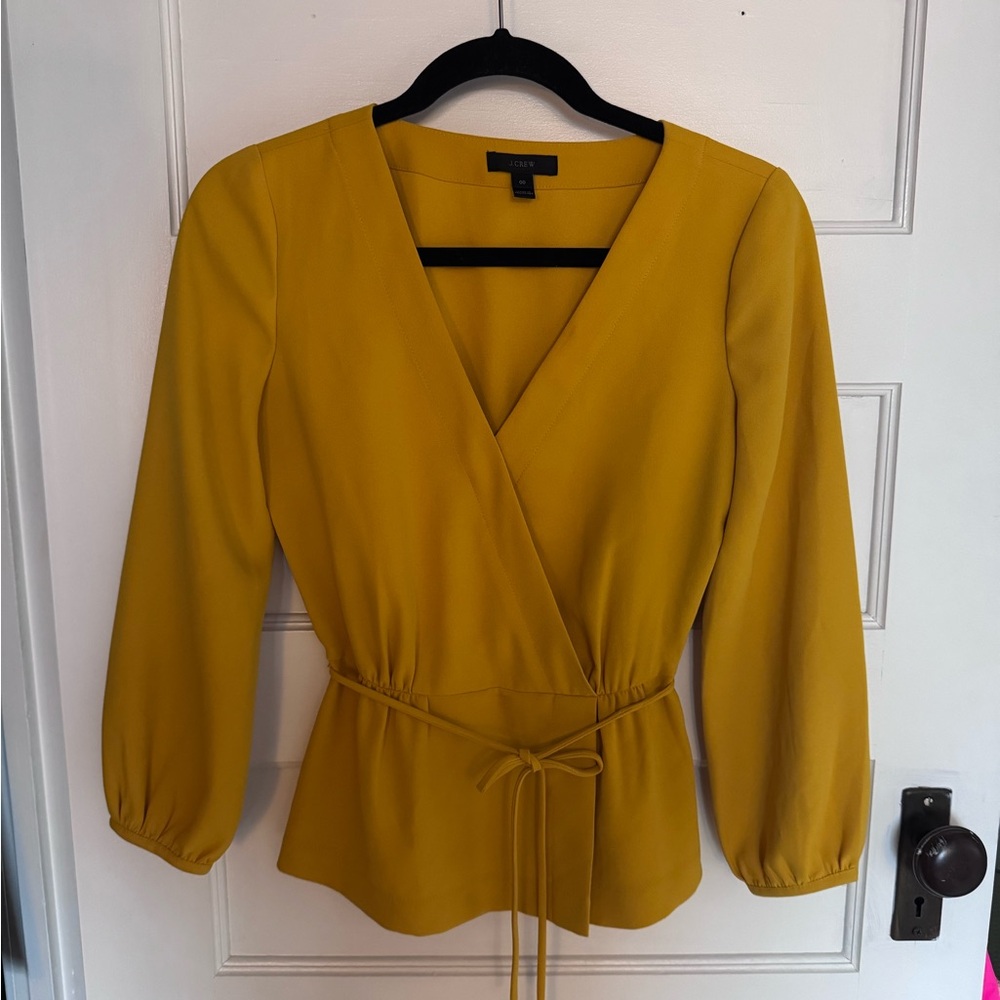 J. Crew Mustard Wrap Front 3/4 Sleeve Top